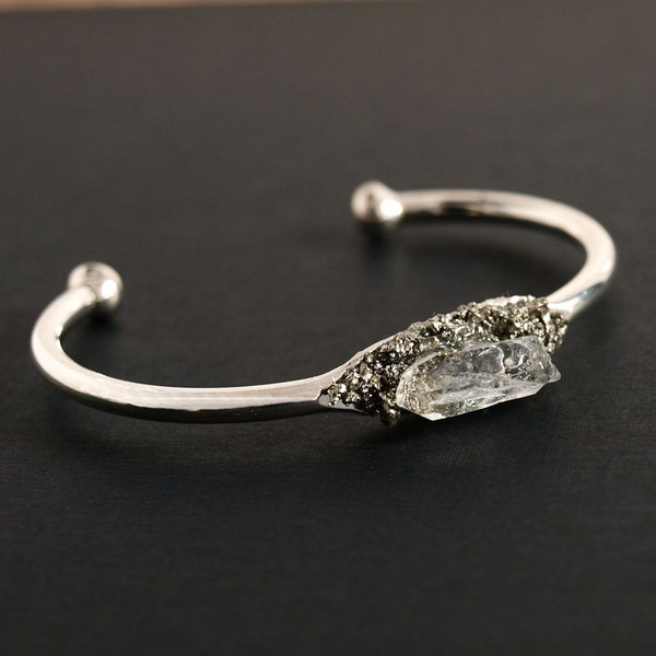 Silver Pyrite and Quartz Bangle, Silver Pyrite Bracelet
