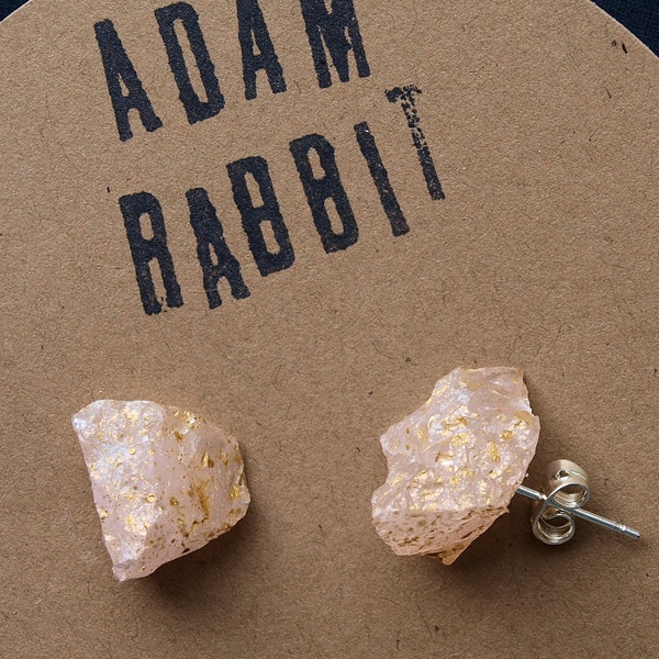 Gold Splatter & Raw Rose Quartz Chunk Earrings, Geo Earrings, Rock Stud Earrings, Crystal Earrings