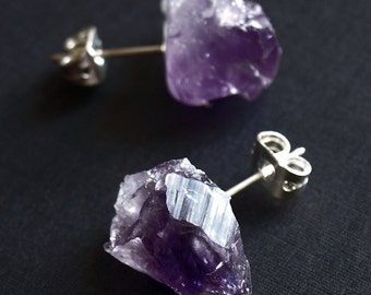 Raw Amethyst Earrings, Raw Stud Earrings