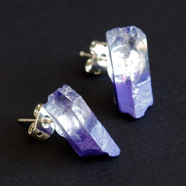 Purple & Raw Quartz Chunk Earrings, Geo Earrings, Rock Stud Earrings, Crystal Earrings