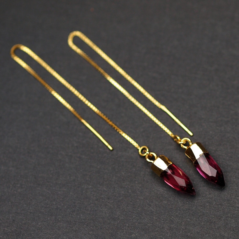 Pink Tourmaline Tiny Point Threader Earrings, Pink Tourmaline Crystal Threaders image 1
