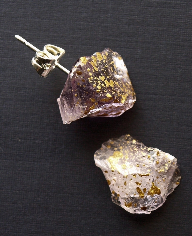 Gold Splatter & Raw Amethyst Chunk Earrings, Geo Earrings, Rock Stud Earrings, Crystal Earrings image 2