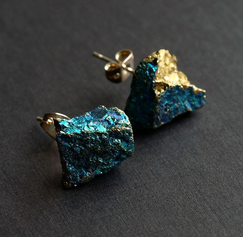 Raw Peacock Ore Chunk Earrings, Geo Earrings, Rock Stud Earrings image 4