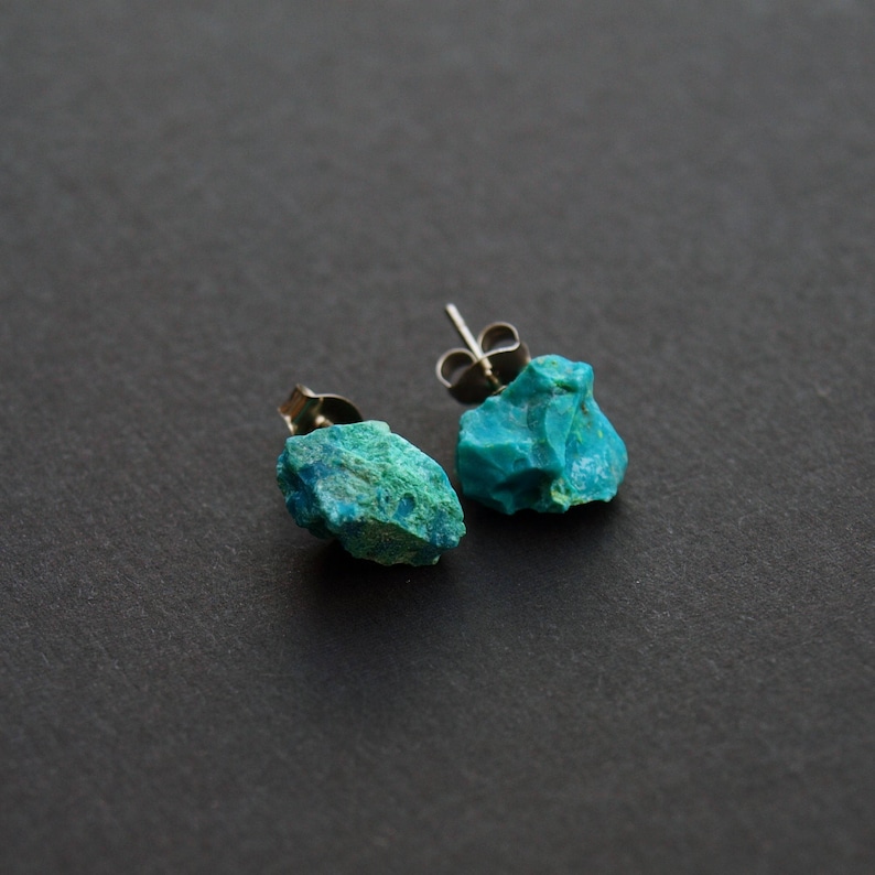 Raw Chrysocolla Chunk Earrings, Rock Stud Earrings, Crystal Earrings image 1