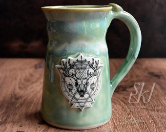 Hand Made Ceramic Coffee Mug Tea Cup Witch Magic Green emerald Deer Skull Sacred Geometry