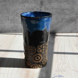 Hand Made Ceramic Tumbler with gear pattern black and blue