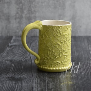 Hand Made Ceramic Coffee Mug Tea Cup Green Crow and Ivy Birds
