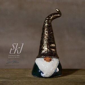 Hand Made Ceramic Gnome Gold Brocade hat white beard mini