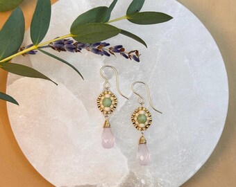 Rose Quartz  Briolette Earrings – Hand Beaded Gold Drops