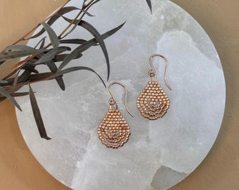 Rose Gold Teardrop Beaded Earrings – Handmade Lightweight Seed Bead Dangles