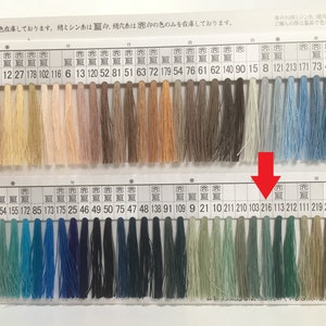 May include: A color chart with rows of thread samples. The chart is labeled with numbers from 1 to 214. The thread samples are in various colors, including white, beige, brown, blue, green, and black.