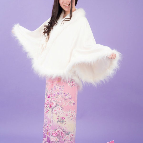 pure white kimono poncho collared and fringed with fake fur - all hand sewing , kawaii , fairy , Japanese fashion