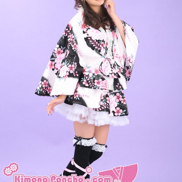Reserved for Jason Kinsella / Kawaii kimono poncho and miniskirt set : kimono dress , white , black , cherry blossoms , Lolita