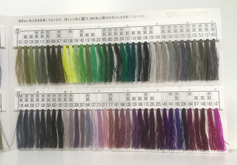 May include: A color chart with rows of thread samples. The chart is labeled with numbers from 1 to 34. The thread samples are in various colors, including green, yellow, blue, purple, and red.