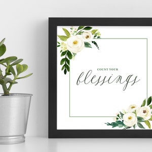Framed Print Count Your Blessings Quote Calligraphy, Watercolor, Magnolia image 1