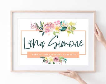 Custom Baby Announcement, Nursery Wall Art with Watercolor Flowers — 24x16"