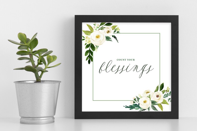 Framed Print Count Your Blessings Quote Calligraphy, Watercolor, Magnolia image 1