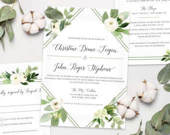 Wedding Invitation and RSVP • Customizable • Botanical • Magnolias • Floral • Calligraphy
