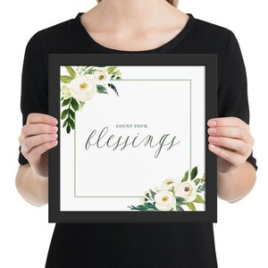Framed Print Count Your Blessings Quote Calligraphy, Watercolor, Magnolia image 2