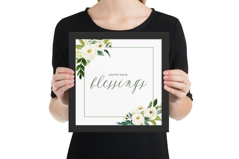 Framed Print Count Your Blessings Quote Calligraphy, Watercolor, Magnolia image 2