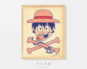 Puede incluir: Una ilustración de dibujos animados de un personaje con un sombrero de paja, un pañuelo rojo y azul y una cicatriz cosida en la cara. El personaje sostiene una paleta de hielo y sonríe. El personaje está frente a un diseño de huesos cruzados y un ancla. El texto "ア = メ" está debajo de la imagen.