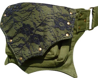 Utility Cotton Belt, Green Festival Pocket Belt, Hip Waist Bag, Ivy Leaf Style.