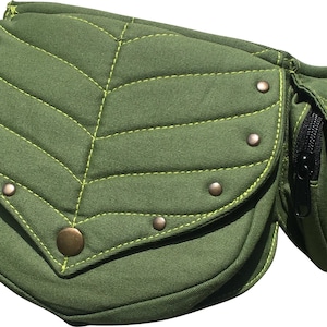 May include: Olive green leaf-shaped fanny pack with a flap and a zippered pocket. The bag features quilted detailing with lime green stitching and is adorned with bronze-colored rivets and a button closure. A unique and stylish accessory.