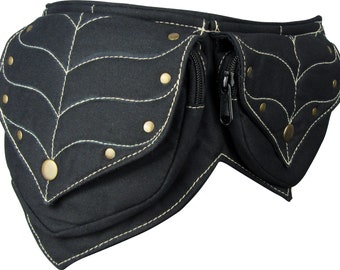 Leafy Festival Pocket Belt, Black Cotton Waist Bag, Utility Belt, Pixie Style!