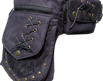 Ceinture de poche végétalienne steampunk noire, sac banane festival, ceinture utilitaire avec détails en dentelle et poche séparée pour téléphone.