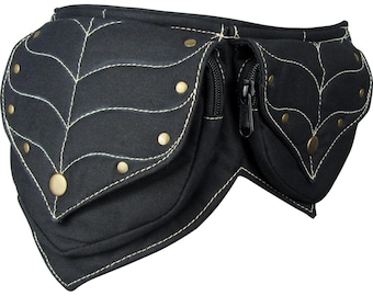 May include: Black waist bag with leaf-shaped pockets and decorative stitching. The bag features a zipper closure and is adorned with brass-colored studs. The design incorporates a nature-inspired aesthetic, suitable for carrying essentials.