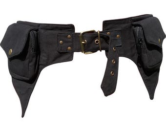Black Cotton Utility Belt, Festival Pocket Waist Bag - SMALL FLAW