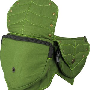 May include: Green leaf-shaped fanny pack with a zippered main compartment and a smaller zippered pocket. The bag features bright green stitching and bronze-colored rivets. The flap is secured with a snap closure. The bag is designed to resemble a leaf.