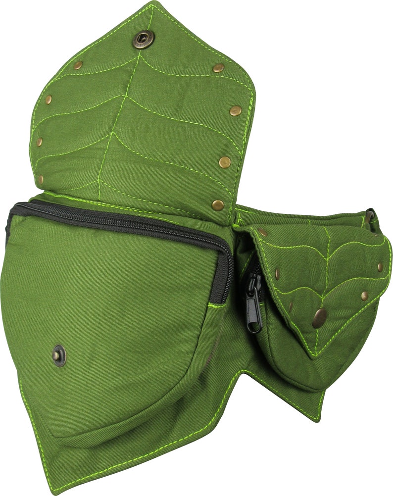 May include: Green leaf-shaped fanny pack with a zippered main compartment and a smaller zippered pocket. The bag features bright green stitching and bronze-colored rivets. The flap is secured with a snap closure. The bag is designed to resemble a leaf.