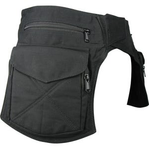 May include: Black hip bag with multiple zipped compartments. The bag features a large front pocket with a flap and a smaller zipped pocket above it. The bag is made of a durable fabric and has a strap for securing it around the waist.