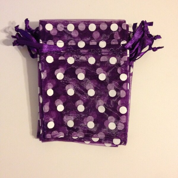 Organza Gift Bag - PURPLE DOTS - 3x4" - satin ribbon - (QTY 10)