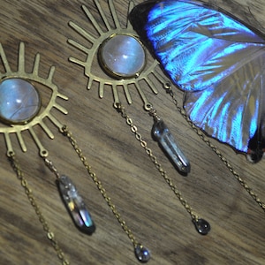 Morpho Sulkowskyi, Brass Earrings, Evil eye, Protection Jewelry, Crystal Earrings, Dangle Earrings, Statement Jewelry