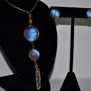 Dark Blue Morpho Butterfly Crystal Quartz Necklace & Stud Earrings