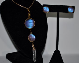 Dark Blue Morpho Butterfly Crystal Quartz Necklace & Stud Earrings