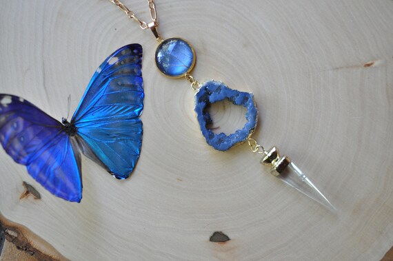 Real Butterfly, Butterfly Jewelry, Blue Morpho Butterfly, Druzy Geode, Crystal Necklace, Birthstone necklace