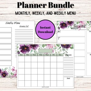 Floral Planner Bundle- Blank monthly, Meal Planner, Blank Weekly