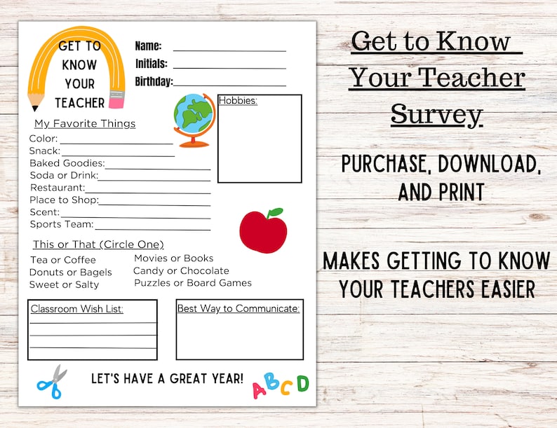 Get to Know Your Teacher Survey- Questionnaire, Back to School - Etsy