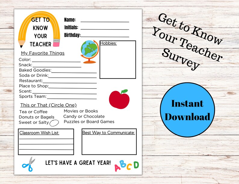 Get to Know Your Teacher Survey Questionnaire Back to School Etsy