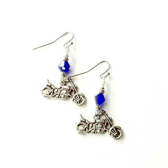 Motorcycle earrings dark blue crystal motorcycle earrings Etsy