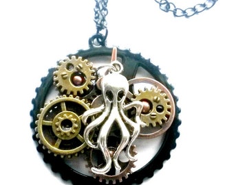 Steampunk Octopus Necklace Gears 3D Handmade Gift