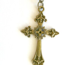 Steampunk Cross Necklace antique gold cross with gear Handmade Gift