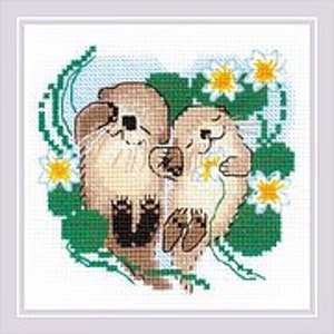 May include: Cross-stitch pattern featuring two brown otters holding white flowers, surrounded by green leaves and white flowers.