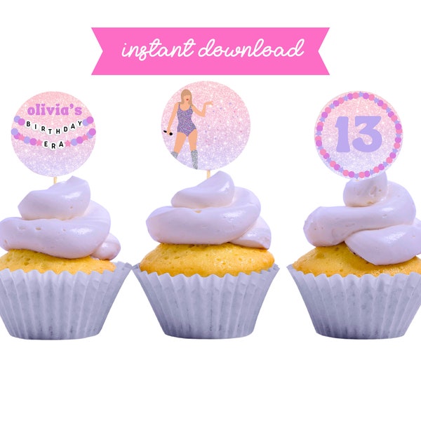 Druckbare Cupcake Toppers, T Swift Geburtstag, Eras Tour Geburtstagsfeier, Freundschaftsarmband Cupcake Topper, bearbeitbare Cupcake Toppers