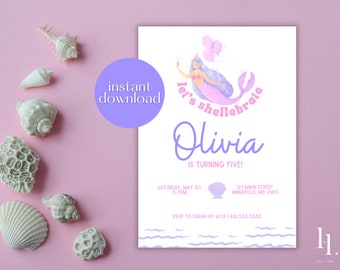 Printable Birthday Party Invitation, Mermaid Birthday Invitation, Let's Shellebrate Birthday Party