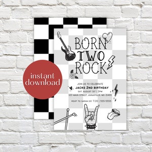 Printable Rock n Roll Birthday Party Invitation, Born Two Rock Birthday Invitation, Born 2 Rock Birthday Invitation, Rock and Roll Theme