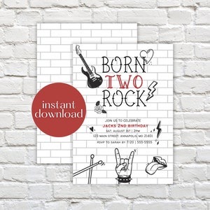 Printable Rock n Roll Birthday Party Invitation, Born Two Rock Birthday Invitation, Born 2 Rock Birthday Invitation, Rock and Roll Theme